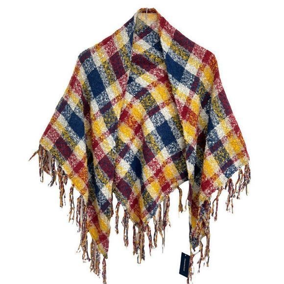 Charter Club Classic Plaid Bouclé Triangle Scarf Fringe Red Navy Yellow 70 x 33" - Picture 2 of 8